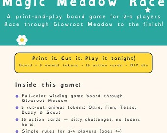 以下が含まれることがあります： Tiny Task Magic Magic Meadow Raceという印刷して遊ぶボードゲーム。ゲームには、ボード、Ollie、Finn、Tessa、Buzzy、Scoutという名前の5つの動物トークン、16枚のアクションカード、DIYダイス用テンプレート、優勝者用証明書が含まれています。