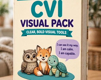 以下が含まれることがあります： 5歳から12歳向けの「CVI Visual Pack」というタイトルの本。表紙にはフクロウ、キツネ、カメのイラストが描かれています。吹き出しには「I can see it my way. I am calm. I am capable.」と書かれています。表紙には「Clear, Bold Visual Tools」と「Tiny Task Magic」という文字も記載されています。