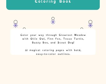 以下が含まれることがあります： Magic Valle Glowroot Meadow Coloring Bookというタイトルの塗り絵。表紙には「Color your way through Glowroot Meadow with Ollie Owl, Finn Fox, Tessa Turtle, Buzzy Bee, and Scout Dog! 12 magical coloring pages」というテキストが記載されています。