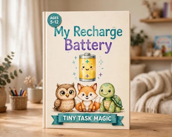 以下が含まれることがあります： My Recharge Batteryというタイトルのハードカバー本。サブタイトルはTiny Task Magic。表紙には黄色い電池のキャラクター、フクロウ、キツネ、カメが描かれています。角にある青緑色の円形バッジには対象年齢5〜12歳と記載されています。