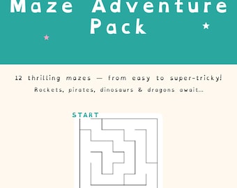 以下が含まれることがあります： Tiny Task Magic Maze Adventure Packと題された印刷可能なアクティビティシート。ロケット、海賊、恐竜、ドラゴンなどのテーマを持つ12個の迷路が掲載されています。ページにはStartとFinishのラベルが付いた正方形の迷路と、Grab a crayon and go!というテキストが含まれています。