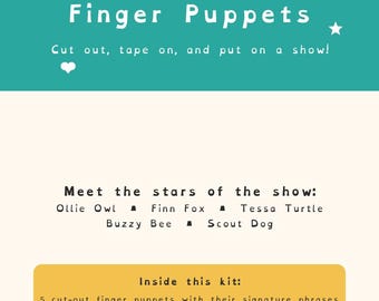 Puede incluir: Un kit de marionetas de dedo Magic Valle con encabezado verde azulado, texto blanco, estrellas y corazones. El kit incluye cinco marionetas: Ollie Owl, Finn Fox, Tessa Turtle, Buzzy Bee y Scout Dog, además de un telón y tarjetas.