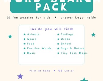 以下が含まれることがあります： Tiny Task Magicというタイトルの子供向けワードサーチパック。10個のパズルと解答キーが含まれています。動物、宇宙、食べ物、ポジティブな言葉、音楽、感情、海、学校、虫、自然などのカテゴリーが記載されています。