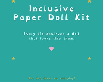 以下が含まれることがあります： Inclusive Paper Doll Kit、Every kid deserves a doll that looks like them、Cut out, dress up, and playという白い文字が書かれたティール色のペーパードールキット。デザインには4つの黄色い星、ピンクのハート、Tiny Task Magicの文字が含まれています。