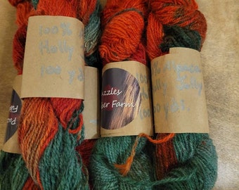 Handspun Alpaca Yarn, Holly Jolly, DK weight, 100 yard skein