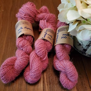 Handspun 100% Alpaca Yarn, approx 100 yard skein, Hand-dyed, Candied Rose, Fingering weight