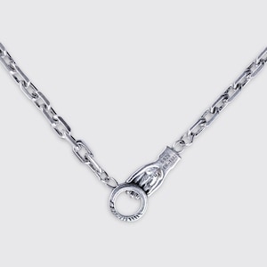 May include: A silver-toned metal chain necklace featuring a unique clasp shaped like a hand holding a circular ring. The clasp is engraved with the text S925 and ER-1882. The chain consists of rectangular links with a polished finish.