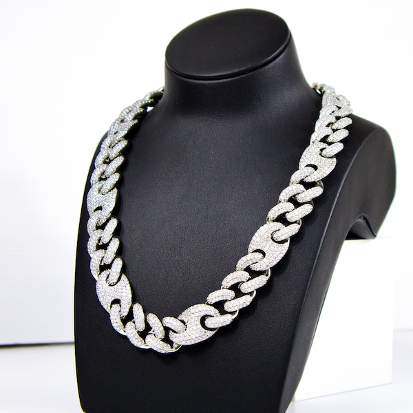 Men's Miami Cuban Mariner Link Chain Necklace Box Clasp Real Zirconite Clarity VVS CZ Stainless Steel, Stainless Steel/Gift for christmas.