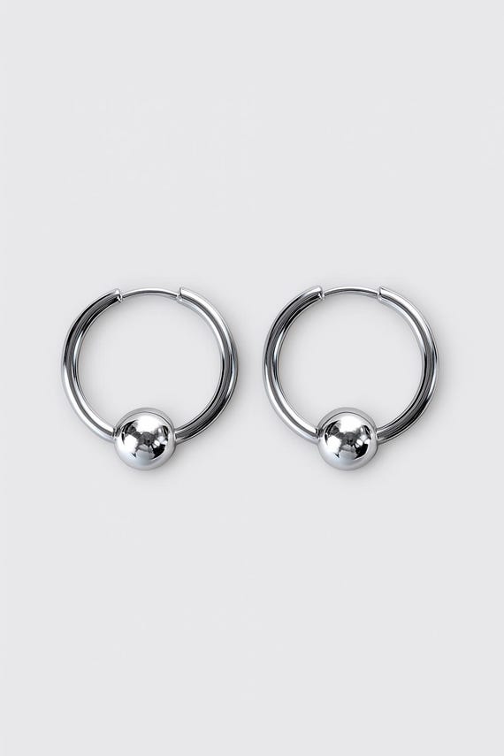 Pendientes de aro gruesos de acero 316L · Aretes unisex de bola 20 mm · Aros resistentes minimalistas · Joyería industrial · Plata fría.