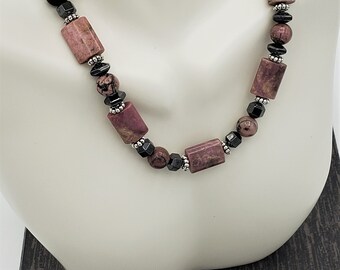 Rhodonite Choker Necklace/Hematite Bead Necklace/Natural Stone Necklace/Antique Sterling Silver Beads/Pink Stone Necklace/Natural Rhodonite