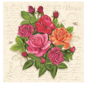 Vintage Postcard Roses Decoupage Paper Napkins, Pink Floral Rose Napkin, Junk Journal Paper, Pack of 20