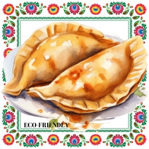 May include: Two golden brown empanadas on a white plate with a green border. The empanadas are filled with a savory filling and have a crispy, flaky crust. The text "ECO-FRIENDLY" is printed below the plate.