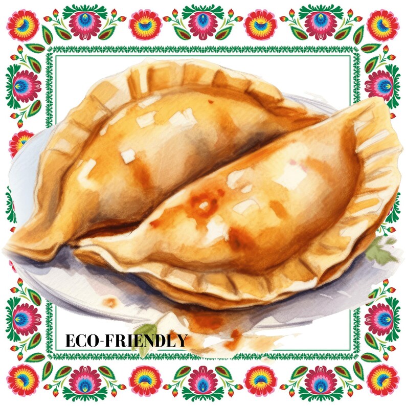 May include: Two golden brown empanadas on a white plate with a green border. The empanadas are filled with a savory filling and have a crispy, flaky crust. The text "ECO-FRIENDLY" is printed below the plate.