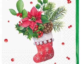 2 Christmas Paper Napkins For Decoupage, Poinsettia Decoupage Napkins for Craft, DIY, Mix Media Art, Two Napkins Free Shipping Napkins