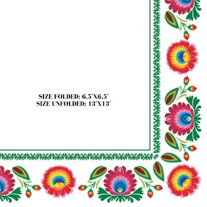 May include: A white tablecloth with a green and floral border. The tablecloth is folded in half and the text "SIZE FOLDED: 6.5' X 6.5' SIZE UNFOLDED: 13' X 13'" is printed on the tablecloth.