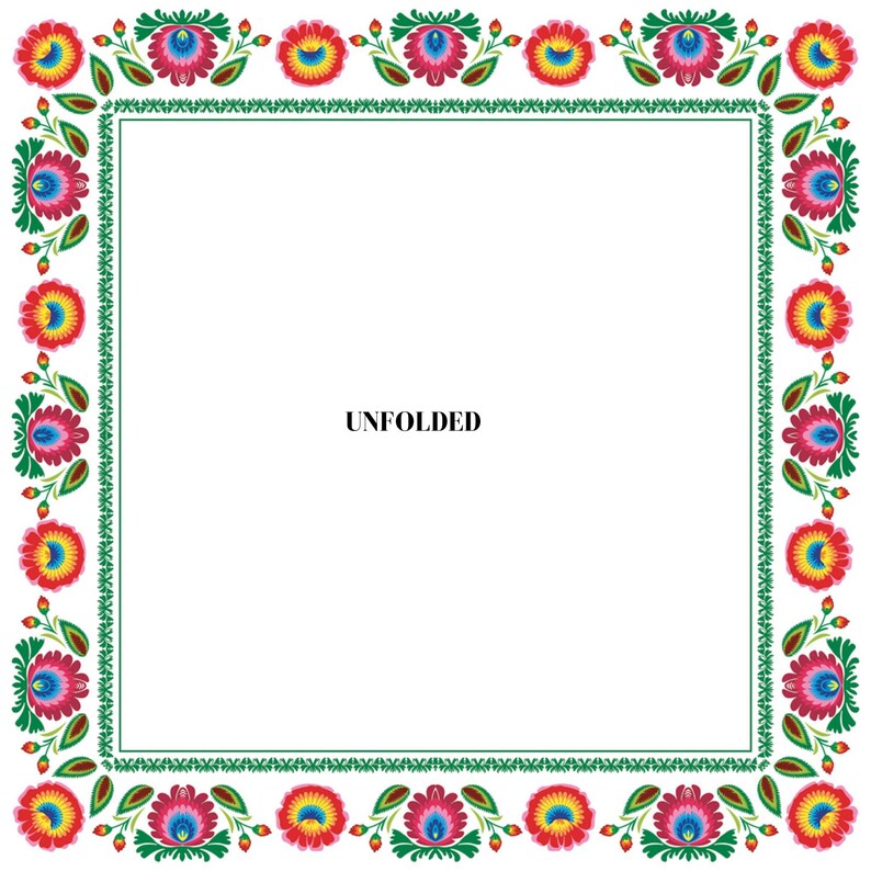 May include: A white square frame with a green border and a floral pattern. The floral pattern is red, yellow, blue, and green. The word "UNFOLDED" is in the center of the frame.