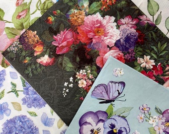 Bunch of Assorted Floral Flower Paper Napkins for Decoupage, Junk Journal, Scrapbooking, Art Projects. LOT of 20 Napkins, Free Shipping