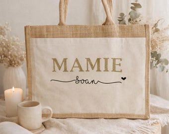 Personalized jute bag with cotton pocket for Mom/Grandma/Godmother/Nanny/Aunt / personalized gift / personalized tote bag