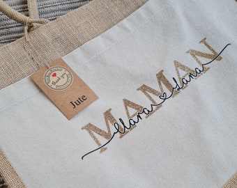 Sac jute et poche coton personnalisé Maman/Mamie/Marraine/Nounou/Tata / cadeau personnalisé / sac cabas personnalisé