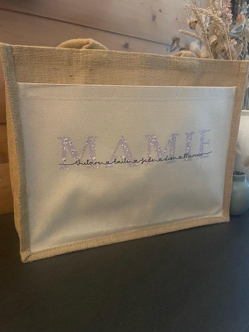 Sac jute et poche coton personnalisé Maman/Mamie/Marraine/Nounou/Tata / cadeau personnalisé / sac cabas personnalisé image 1