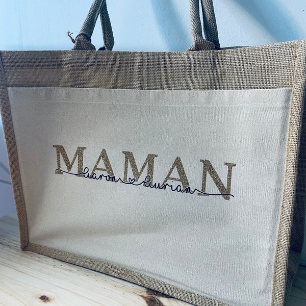 Sac jute et poche coton personnalisé Maman/Mamie/Marraine/Nounou/Tata / cadeau personnalisé / sac cabas personnalisé