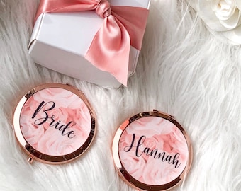 Floral Bridal Gift, Personalized  Bridesmaid Gifts, Gift for her, Mirror Compacts, Bridal Shower Favors, Rose Gold Gift Bachelorette Party