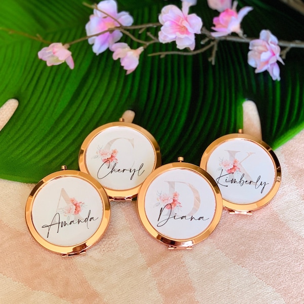 Joli cadeau de demoiselle d’honneur miroir de poche en or rose| Faveurs uniques pour la douche nuptiale| Miroir compact personnalisé rond à double face, fête de poule