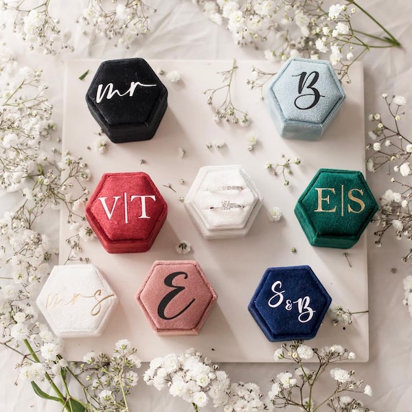 5+ Colors | Personalized Hexagon Double Velvet Ring Box, Engagement Ring & Wedding Set Elegant Keepsake Box,  Ring Bearer