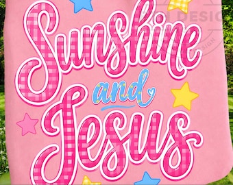 Sunshine And Jesus Pink Yellow Preppy Daisy Stripes Coquette Bow Summer Beach Lake Png Diseño imprimible, Doodle Png, Preppy a rayas Png