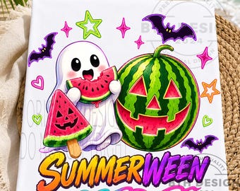 Summerween PNG, Fantasma lindo de sandía PNG, Diseño de camiseta de Halloween de verano, Sandía espeluznante neón por sublimación PNG, Descarga digital