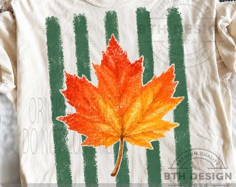 PNG de hoja de arce otoñal, diseño de camiseta de hoja de arce otoñal, PNG de otoño con rayas verdes, PNG de sublimación de otoño de Acción de Gracias, descarga digital