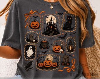 Collage vintage de Halloween PNG, diseño de camiseta de casa embrujada con fantasma de calabaza y gato negro, sublimación espeluznante de otoño PNG, descarga digital