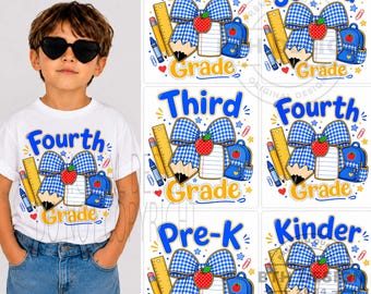 Paquete de imágenes PNG para preescolar hasta cuarto grado, diseño de cuadros azules para la vuelta al cole, PNG para sublimación del primer día de clases, descarga digital.