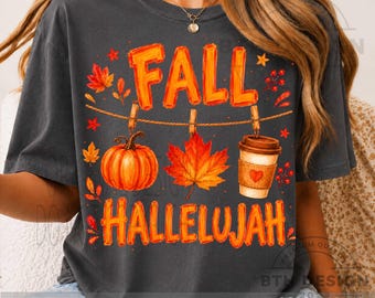 PNG de Aleluya de Otoño, Lindo diseño de camiseta de café con hoja de arce y calabaza, PNG de sublimación de Acción de Gracias de Otoño, Descarga digital