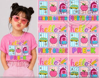 Paquete PNG de regreso a clases estilo preppy, Hola Pre-K Kindergarten 1.º 2.º 3.º 4.º grado PNG, Descarga digital de la maestra del primer día de clases