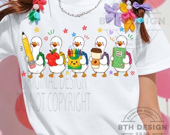 Ganso PNG para la vuelta al cole, Ganso PNG con útiles escolares adorables, Diseño de camiseta para profesor y alumno, Sublimación PNG para aula kawaii, Descarga digital