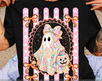 Fantasma coqueto PNG, Fantasma rosa de Halloween PNG, Diseño de camiseta de cubo de dulces de calabaza con lazo floral, Sublimación espeluznante femenina PNG, Descarga digital