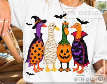 Ganso de Halloween PNG, Lindo diseño de camiseta de pato y ganso de Halloween, Disfraz de bruja momia calabaza sublimado PNG, Descarga digital