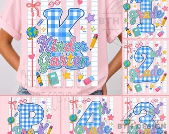 Paquete de imágenes PNG para preescolar hasta cuarto grado, diseño PNG de cuadros azules para la vuelta al cole, diseño de sublimación por nivel escolar.