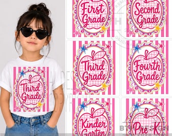 Paquete de imágenes PNG para preescolar hasta cuarto grado, imágenes PNG rosas para la vuelta al cole, diseño de sublimación de manzana.