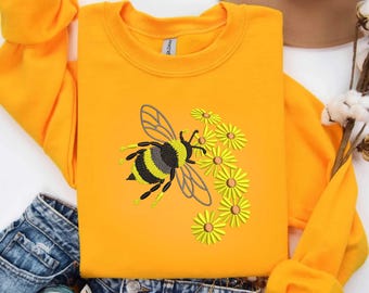 Diseño de bordado de abeja y margarita: archivo de puntada de insecto floral (descarga instantánea)