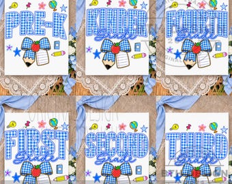Paquete de PNG de regreso a clases estilo preppy, PNG de lazo para lápiz de cuadros azules, diseño de preescolar a cuarto grado, PNG de manzana para maestra, PNG del primer día de clases