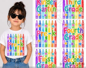 Paquete PNG de Preescolar a Tercer Grado, Diseño colorido de crayones para el regreso a clases por nivel escolar, PNG de sublimación para el primer día de clases, Descarga digital