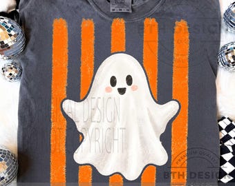 Fantasma lindo de Halloween PNG, diseño de camiseta de fantasma a rayas naranjas, espeluznante y lindo fantasma de otoño para sublimación PNG, descarga digital