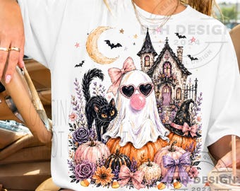 Fantasma soplando chicle PNG, Fantasma femenino de Halloween PNG, Lindo diseño de camiseta de casa embrujada, Sublimación floral de otoño PNG, Descarga digital