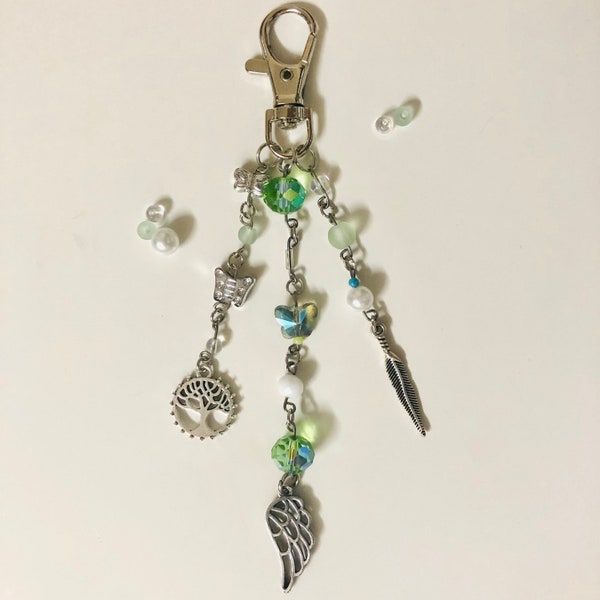 Green handmade glass beaded keychain - Tree, Feather, Angel wing charm