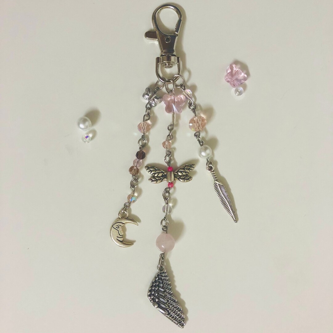 Pink Handmade Glass Beaded Keychain Moon, Feather, Angel Wing Charm Etsy
