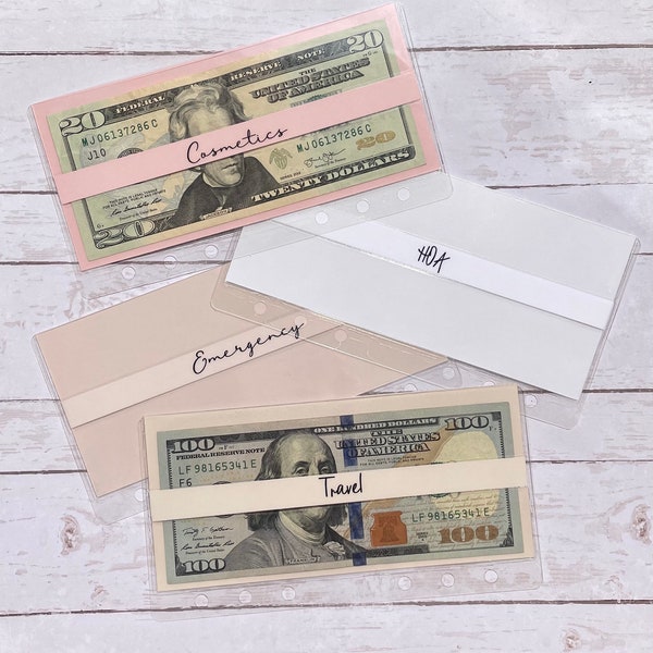 Clear Cash Envelopes Laminated | Soft Pinks/ White Colors | Reusable Cash Trackers on Back | Minimalist