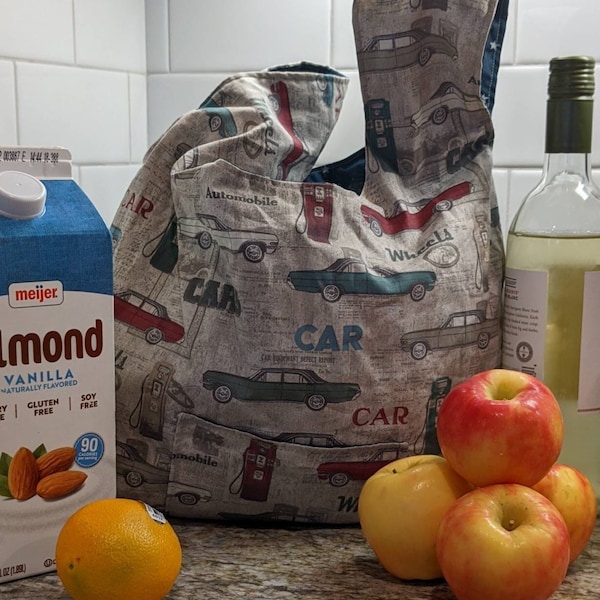 Market Bag - Vintage Car Tote, Reusable Grocery Bag, Foldable Shopping Bag, Blue Star Tote, Machine Washable, Classic Cruiser, Road Trip Bag