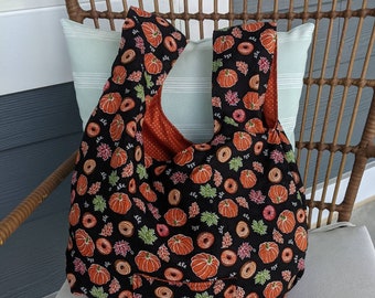 Market Bag - Pumpkin and Cider Mill Donuts Tote,  Orange Reusable Grocery Bag, Foldable Produce Bag,  Reversible Bag, Farmers Market Tote,